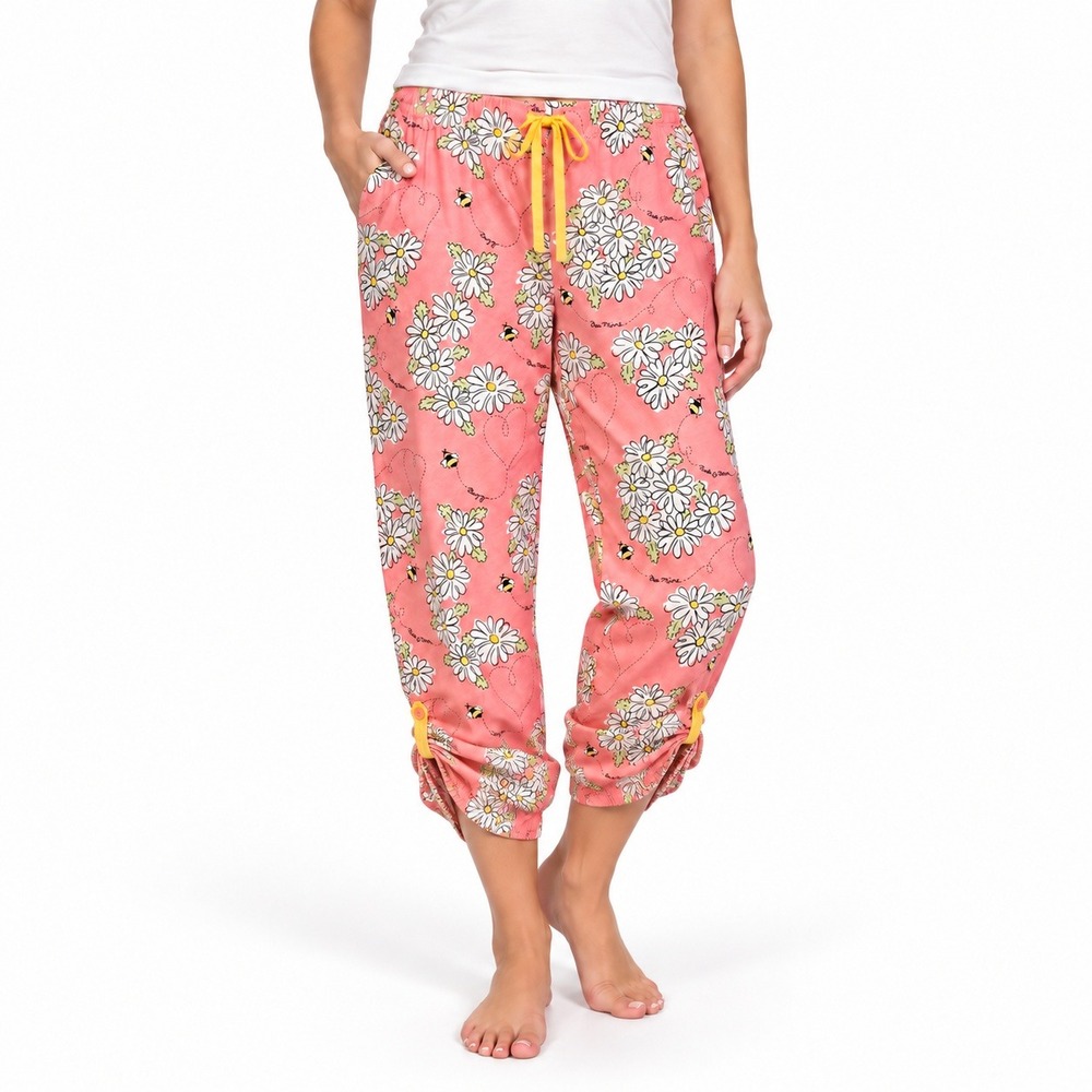 Nick & Nora Pajama Pants Cotton Daisy Bee Pink Womens L Ruched Cuff Sleepwear